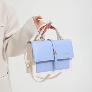 Fashion contrast color small square shoulder bag with round metal buckle for women