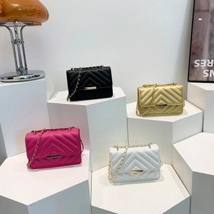 Quilted V-stitch crossbody flap bag with gold chain strap in four assorted colors