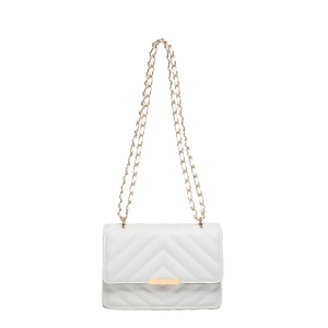 Quilted white crossbody square bag with V-shaped stitching and gold chain strap