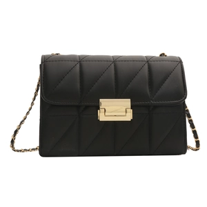 Classic black quilted crossbody bag with gold metal clasp and chain strap in minimalist style