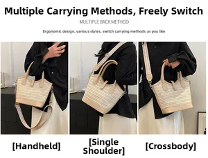 Straw tote bag showing versatile carrying modes including handheld, shoulder, and crossbody
