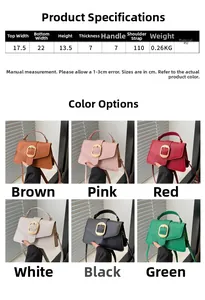 Detailed size chart and dimensions for the vintage PU leather handbag in six colors