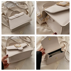 Detail shots of beige lychee pattern handbag showing golden buckle and interior capacity