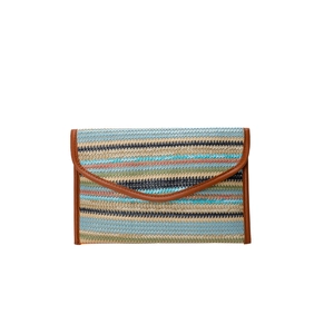Ethnic style colorful striped woven clutch bag with brown leather trim for summer fashion
