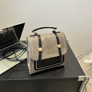 Vintage gray and black contrast retro backpack and handbag with gold hardware