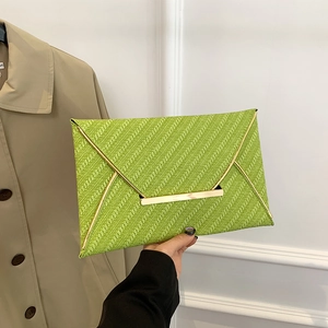 Women Envelope Clutch Bag PU Leather Woven Texture Gold Metal Trim Banquet Party Wedding Fashion Elegant