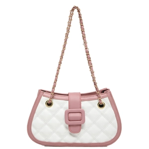 Pink and white quilted chain shoulder bag with elegant gold hardware for women