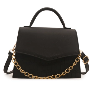 Black chain crossbody bag with crocodile texture and golden metal handle accent