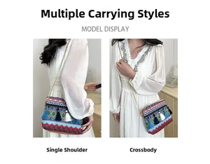 Ethnic style crossbody bag with colorful tassels showing shoulder and crossbody wear options