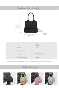 Detailed sizing and color chart for mini sequin crossbody bag with chain strap specs