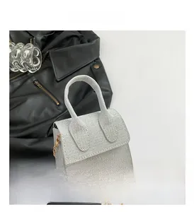 Macro detail of silver glitter mini handbag with fine woven texture and golden chain strap