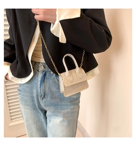 Close-up of glitter silver mini handbag with fine chain strap shown on model