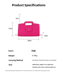 Detailed size parameters and dimensions of the pink felt handbag with chain strap