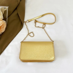 Golden crossbody chain bag with cross-grain texture on clean white background