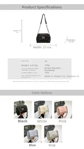 Detailed size chart for butterfly embroidered shoulder bag with dimensions and specifications