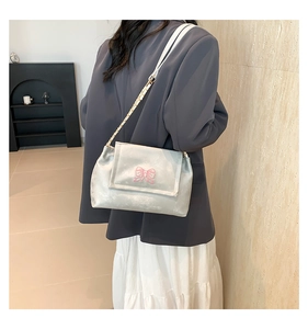 Detail of silver gray crossbody bag with pink butterfly embroidery and chain strap