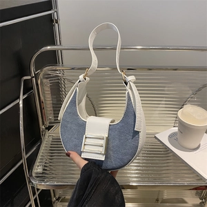 Women Vintage Contrast Crescent Hobo Bag Retro Metal Buckle Underarm Shoulder Bag Denim PU Leather Stitching Casual Purse