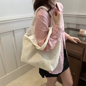 Minimalist large capacity white plush tote bag for women with soft faux fur texture