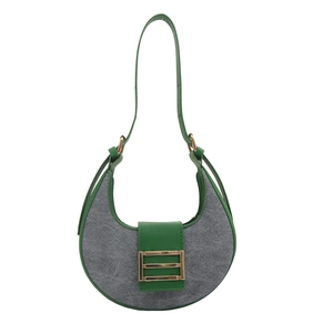 Retro green leather and grey suede crescent shoulder bag with golden metal clasp