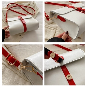 Détails macro du petit sac carré rouge et blanc avec fermoir magnétique et métal doré