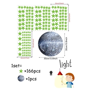 Detailed size specifications for 166pcs star and 30cm moon glow in the dark wall stickers