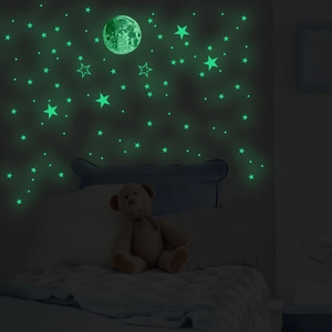Stickers muraux lumineux avec pleine lune et étoiles pour déco murale chambre d'enfant nuit