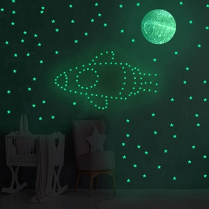 Luminous glow-in-the-dark stars and planet wall stickers in a dark nursery bedroom