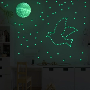 Glow in the dark wall stickers featuring 30cm moon and stars in a bird silhouette