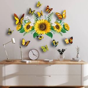 Detailed 3D sunflower wall stickers with colorful butterflies in a modern living room