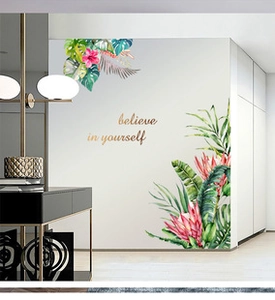 Detail of tropical plant wall decals with watercolor monstera leaves and red flowers