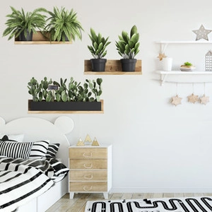 Minimalist wooden wall shelves set for plants and decor in a modern bedroom interior