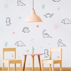 Cartoon dinosaur wall stickers with minimalist animal designs for kids' bedroom decoration