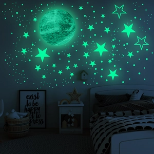 Luminous moon and stars wall sticker set glowing in dark green for bedroom decor