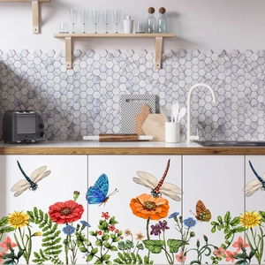 Self-adhesive floral wall stickers with poppies and butterflies for cabinet decoration