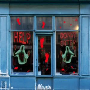 Detailed Halloween window stickers with bloody handprints, footprints, and HELP warning signs
