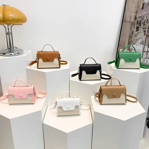 Mini patchwork straw crossbody bags for women in six colors on geometric stands