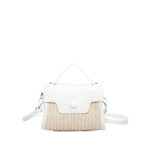 2025 Summer fashion patchwork handbag with white synthetic leather and woven straw textures