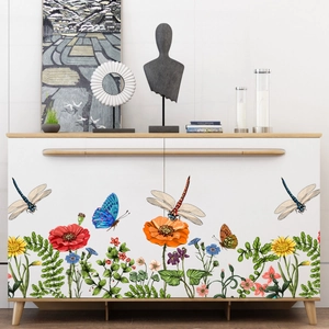 Floral wall stickers with colorful poppy flowers and butterflies for home cabinet decor