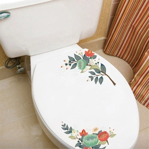 Floral toilet lid stickers featuring elegant colorful botanical patterns on white ceramic