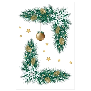 Detail of Christmas wall stickers featuring golden ornaments, snow and pine branches
