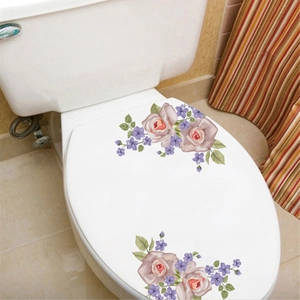 Floral toilet lid decals with pink roses and purple flowers for bathroom decor