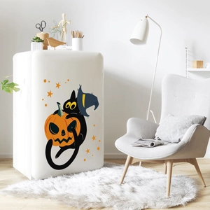 Halloween wall decal featuring a black cat with wizard hat hugging a pumpkin lantern