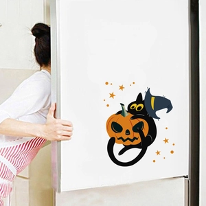 Halloween wall sticker featuring a black cat with a wizard hat and a pumpkin on a fridge