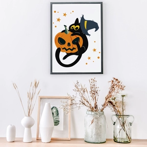 Halloween wall sticker featuring cartoon cat with pumpkin and wizard hat in black frame