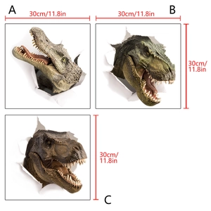 Detailed views of three 3D dinosaur wall stickers with realistic cracked wall effect