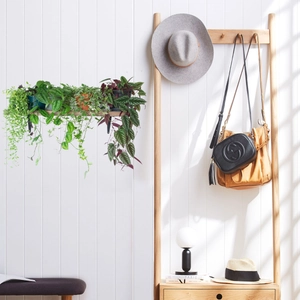Minimalist wooden wall-mounted coat rack with five hooks and a single storage drawer