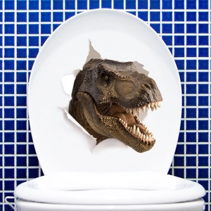 3D T-Rex dinosaur wall sticker showing realistic head breaking through toilet lid