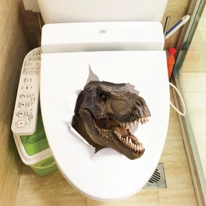 3D T-Rex wall sticker showing a realistic dinosaur breaking through the toilet lid surface