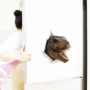 3D T-Rex dinosaur sticker with realistic skin texture bursting out of a white refrigerator