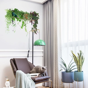 Modern living room set with green floor lamp, leather lounge chair and wall plant shelf